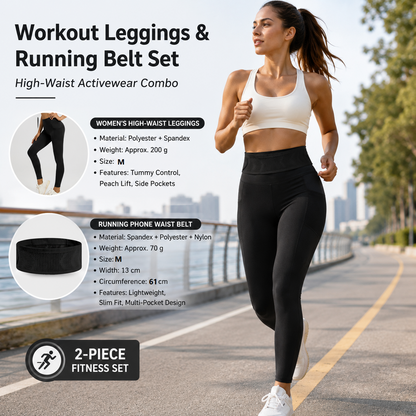 Comfortable Outdoor Sports Set-Black M Size Running Waist Belt and Black M Size High-Waisted Yoga Leggings  - Breathable Spandex Blend, Side Pockets for Phone and Keys, Lightweight Fitness Gear for Running and Gym