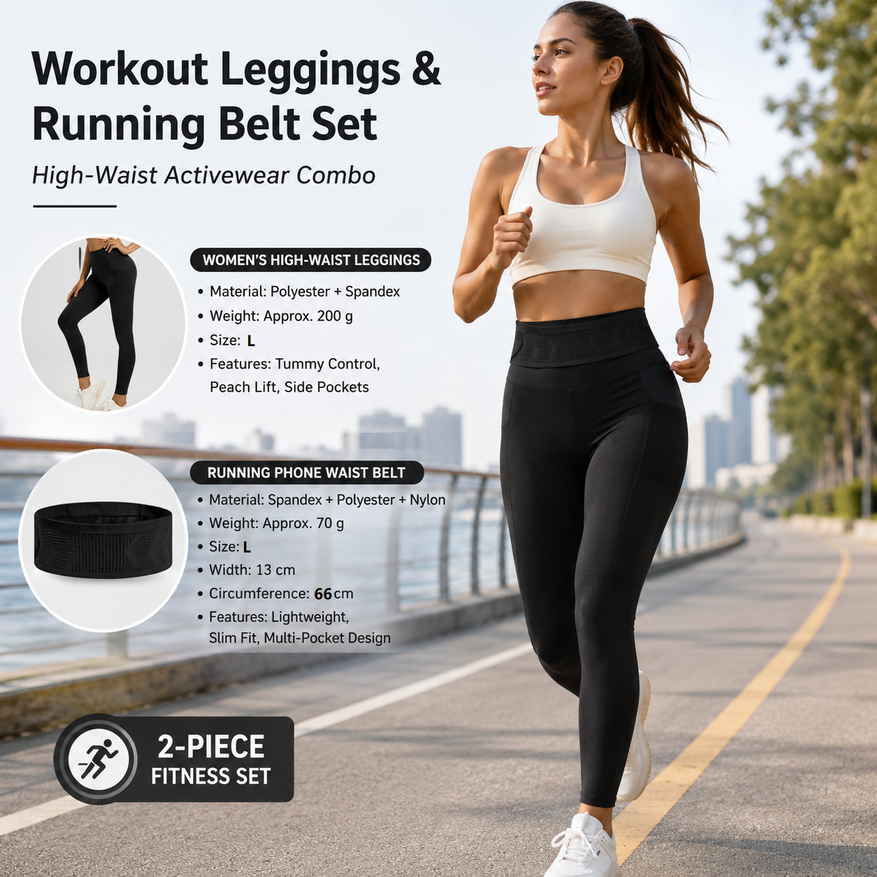 Comfortable Outdoor Sports Set-Black L Size Running Waist Belt and Black L Size High-Waisted Yoga Leggings  - Breathable Spandex Blend, Side Pockets for Phone and Keys, Lightweight Fitness Gear for Running and Gym