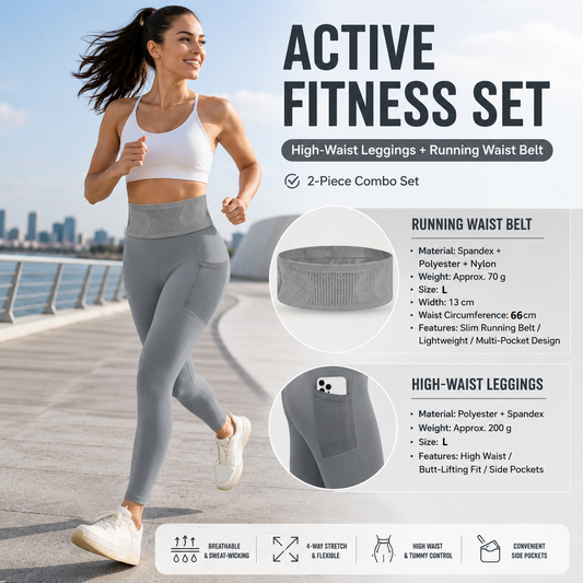 Comfortable Outdoor Sports Set-Grey L Size Running Waist Belt and Grey L Size High-Waisted Yoga Leggings  - Breathable Spandex Blend, Side Pockets for Phone and Keys, Lightweight Fitness Gear for Running and Gym