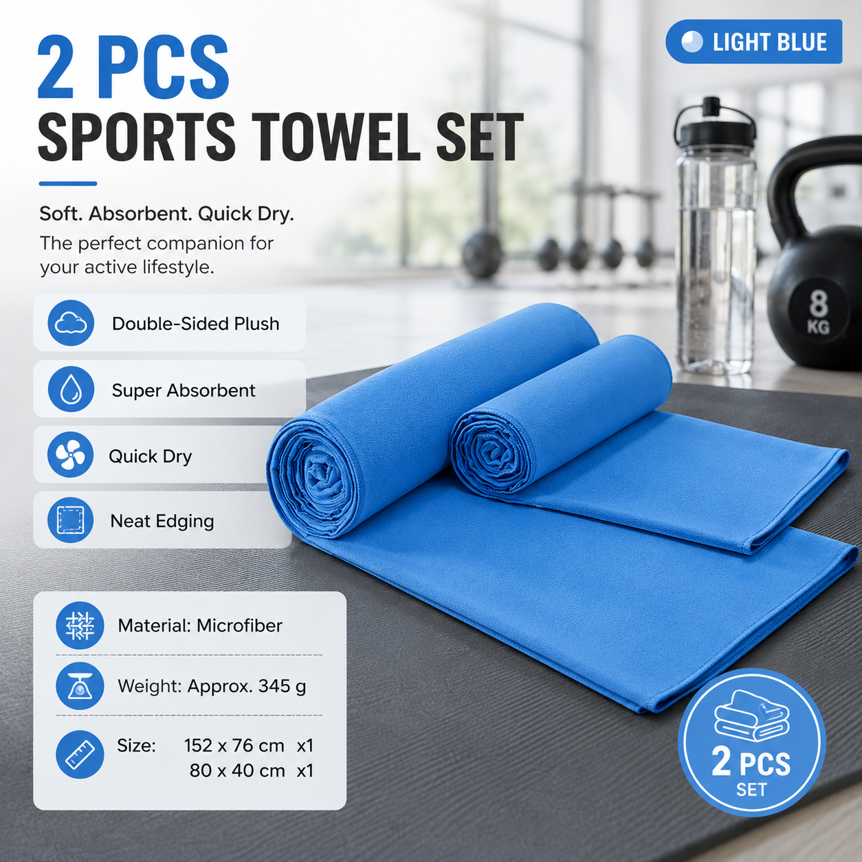 2 Piece Light Blue Microfiber Sports Towel Set -  152*76cm and 80*40cm Quick Dry Gym Towels, Ultra Absorbent Sweat Towel for Fitness Running Swimming, Lightweight Travel Friendly
