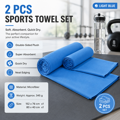 2 Piece Light Blue Microfiber Sports Towel Set -  152*76cm and 80*40cm Quick Dry Gym Towels, Ultra Absorbent Sweat Towel for Fitness Running Swimming, Lightweight Travel Friendly