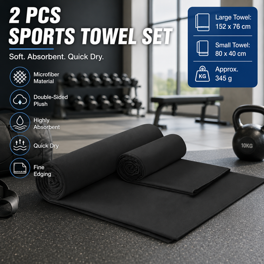 2 Piece Black Microfiber Sports Towel Set -  152*76cm and 80*40cm Quick Dry Gym Towels, Ultra Absorbent Sweat Towel for Fitness Running Swimming, Lightweight Travel Friendly