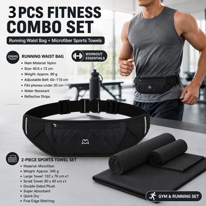 Dry and Breathable Sports combination-Black Running Waist Belt and Black 152*76cm and 80*40cm Microfiber Sports Towel Set - Waterproof Nylon Belt with Reflective Strips, Quick Dry Gym Towels for Fitness Running Swimming