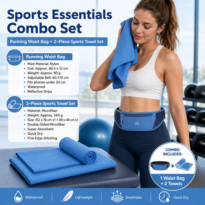 Dry and Breathable Sports combination-Blue Running Waist Belt and Blue 152*76cm and 80*40cm Microfiber Sports Towel Set - Waterproof Nylon Belt with Reflective Strips, Quick Dry Gym Towels for Fitness Running Swimming