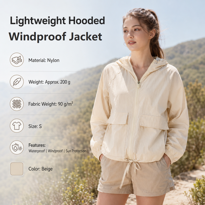 Beige S Size Women's Lightweight Hooded Windbreaker Jacket - Nylon, Waterproof, Windproof, Sun Protection, Loose Fit for Hiking, Running, Yoga and Outdoor Activities