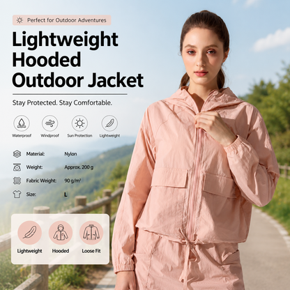 Pink L Size Women's Lightweight Hooded Windbreaker Jacket - Nylon, Waterproof, Windproof, Sun Protection, Loose Fit for Hiking, Running, Yoga and Outdoor Activities