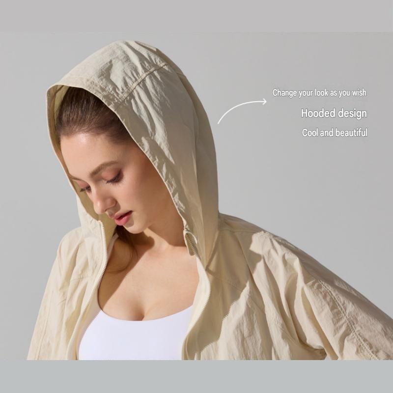 Khaki S Size Women's Lightweight Hooded Windbreaker Jacket - Nylon, Waterproof, Windproof, Sun Protection, Loose Fit for Hiking, Running, Yoga and Outdoor Activities