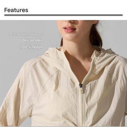 Khaki L Size Women's Lightweight Hooded Windbreaker Jacket - Nylon, Waterproof, Windproof, Sun Protection, Loose Fit for Hiking, Running, Yoga and Outdoor Activities