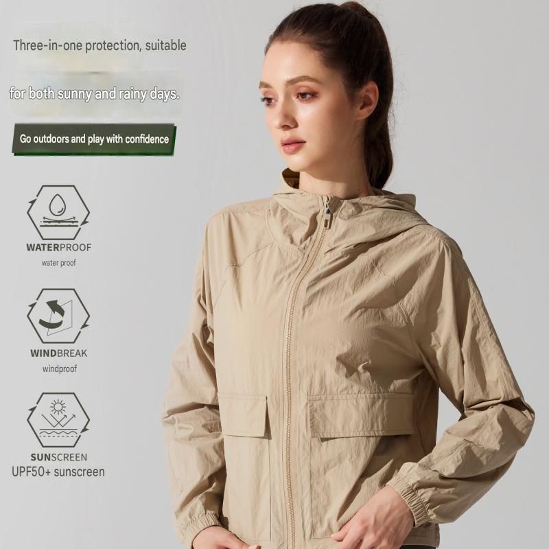 Green S Size Women's Lightweight Hooded Windbreaker Jacket - Nylon, Waterproof, Windproof, Sun Protection, Loose Fit for Hiking, Running, Yoga and Outdoor Activities