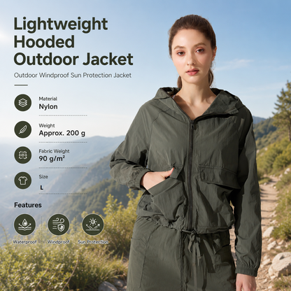 Green L Size Women's Lightweight Hooded Windbreaker Jacket - Nylon, Waterproof, Windproof, Sun Protection, Loose Fit for Hiking, Running, Yoga and Outdoor Activities
