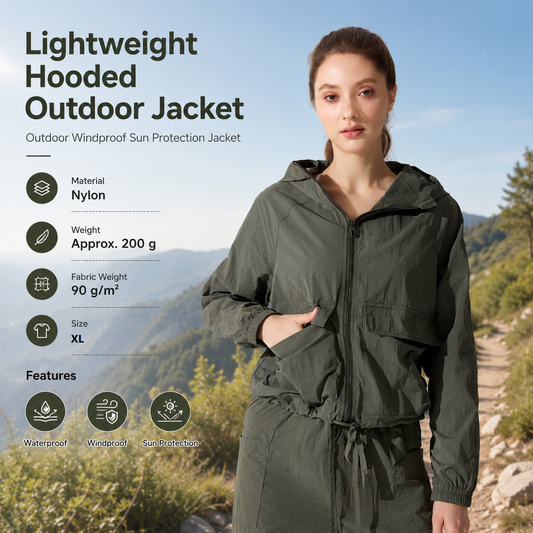Green XL Size Women's Lightweight Hooded Windbreaker Jacket - Nylon, Waterproof, Windproof, Sun Protection, Loose Fit for Hiking, Running, Yoga and Outdoor Activities