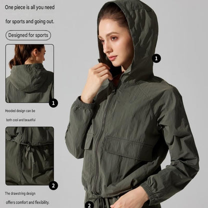Black M Size Women's Lightweight Hooded Windbreaker Jacket - Nylon, Waterproof, Windproof, Sun Protection, Loose Fit for Hiking, Running, Yoga and Outdoor Activities