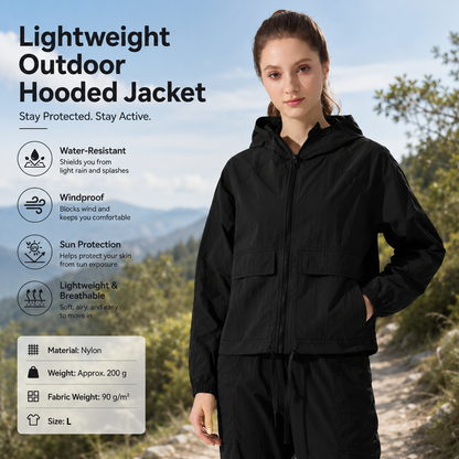 Black L Size Women's Lightweight Hooded Windbreaker Jacket - Nylon, Waterproof, Windproof, Sun Protection, Loose Fit for Hiking, Running, Yoga and Outdoor Activities