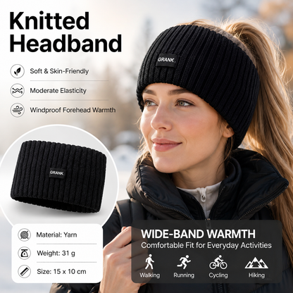 Black Women's Knitted Headkerchief- Soft Yarn Wide Ear Warmer Head Wrap, Stretchy Non-Slip Forehead Protector for Sports, Yoga, Postpartum Care and Winter Outdoor Activities