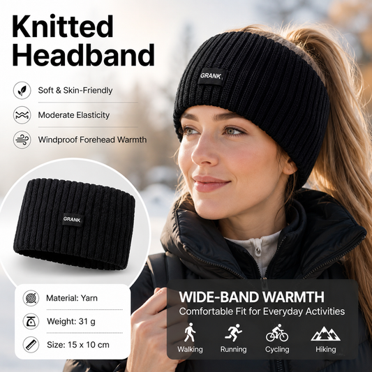 Black Women's Knitted Headkerchief- Soft Yarn Wide Ear Warmer Head Wrap, Stretchy Non-Slip Forehead Protector for Sports, Yoga, Postpartum Care and Winter Outdoor Activities