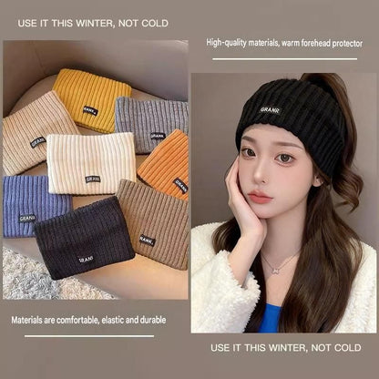 Black Women's Knitted Headkerchief- Soft Yarn Wide Ear Warmer Head Wrap, Stretchy Non-Slip Forehead Protector for Sports, Yoga, Postpartum Care and Winter Outdoor Activities
