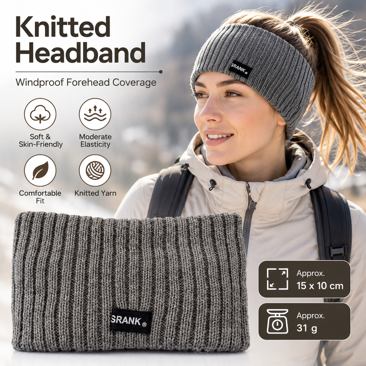 Grey Women's Knitted Headkerchief- Soft Yarn Wide Ear Warmer Head Wrap, Stretchy Non-Slip Forehead Protector for Sports, Yoga, Postpartum Care and Winter Outdoor Activities