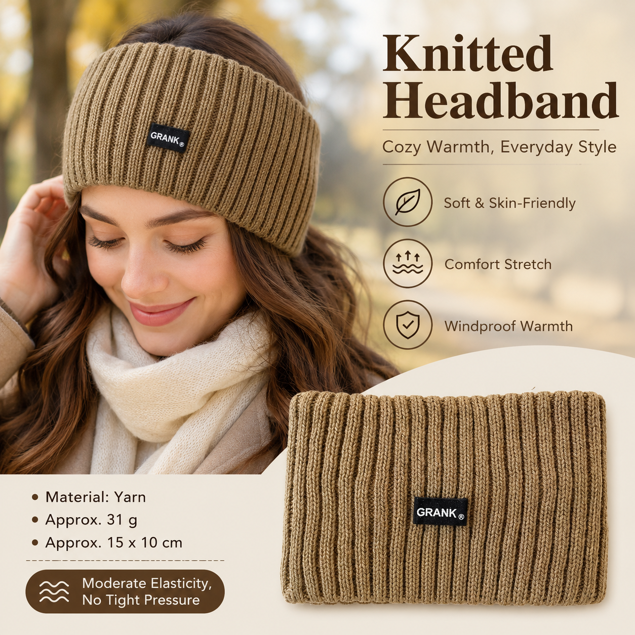 Khaki Women's Knitted Headkerchief- Soft Yarn Wide Ear Warmer Head Wrap, Stretchy Non-Slip Forehead Protector for Sports, Yoga, Postpartum Care and Winter Outdoor Activities