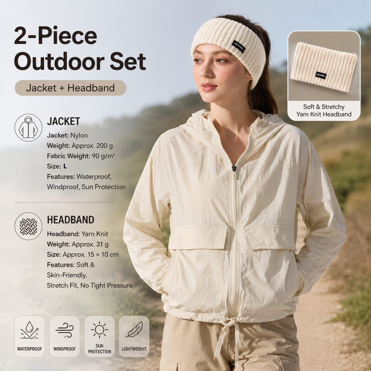 Women's Lightweight Outdoor Windproof and warm set - Beige L Size Waterproof Windproof  Sun Protection Hooded Raincoat and Beige Knitted Warm Headband Set for Hiking Travel Daily Wear