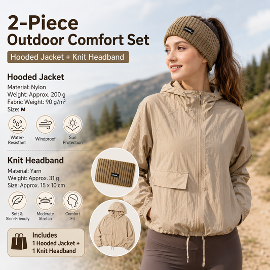 Women's Lightweight Outdoor Windproof and warm set - Khaki M Size Waterproof Windproof  Sun Protection Hooded Raincoat and Khaki Knitted Warm Headband Set for Hiking Travel Daily Wear