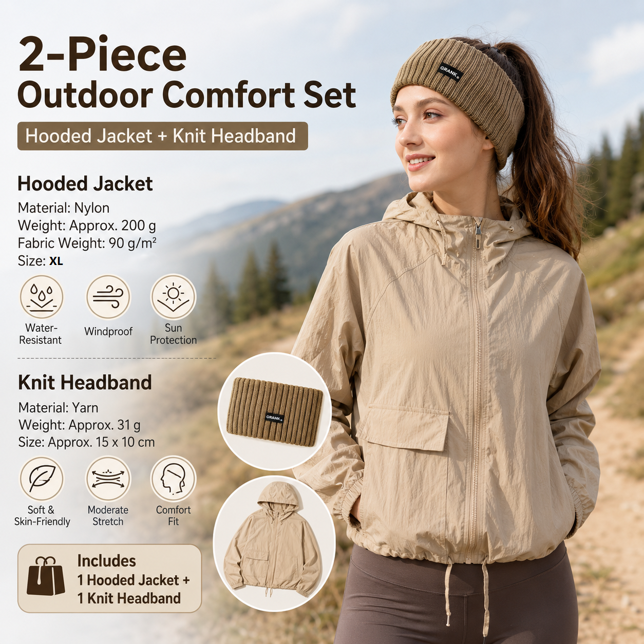 Women's Lightweight Outdoor Windproof and warm set - Khaki XL Size Waterproof Windproof  Sun Protection Hooded Raincoat and Khaki Knitted Warm Headband Set for Hiking Travel Daily Wear