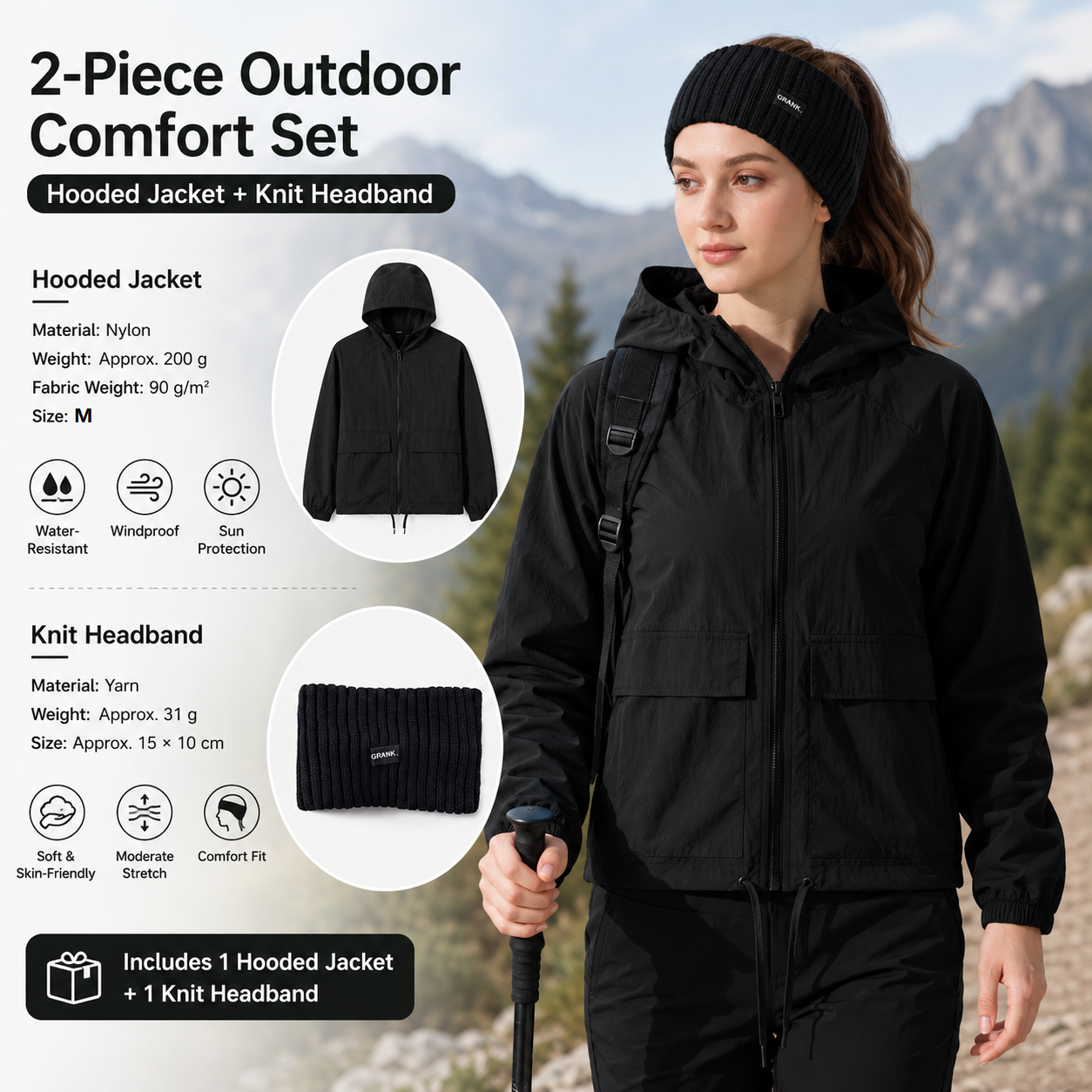 Women's Lightweight Outdoor Windproof and warm set - Black M Size Waterproof Windproof  Sun Protection Hooded Raincoat and Black Knitted Warm Headband Set for Hiking Travel Daily Wear