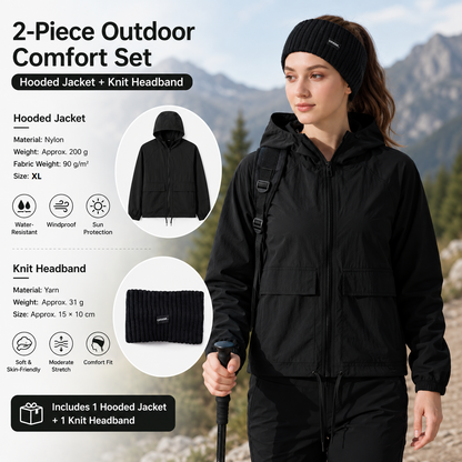 Women's Lightweight Outdoor Windproof and warm set - Black XL Size Waterproof Windproof  Sun Protection Hooded Raincoat and Black Knitted Warm Headband Set for Hiking Travel Daily Wear