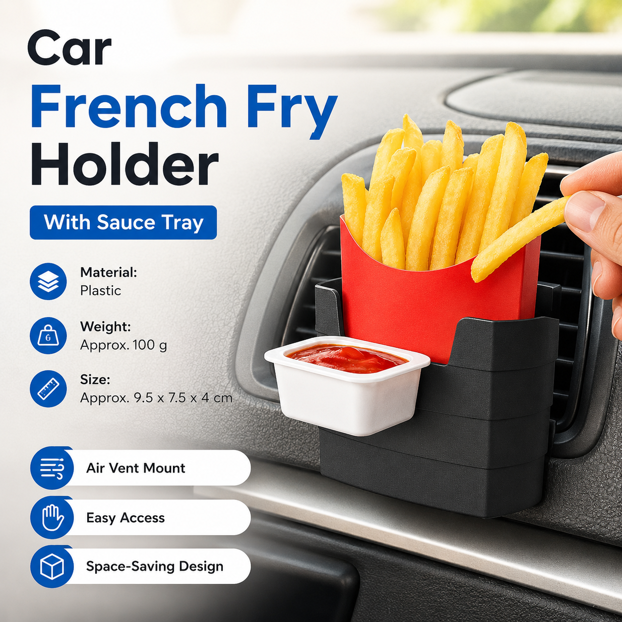 Black Car Air Vent French Fries Holder - Plastic Multi-Function Cup Organizer with Sauce Tray for Fast Food, Phones and Small Items, Universal Fit for Horizontal and Round Vents