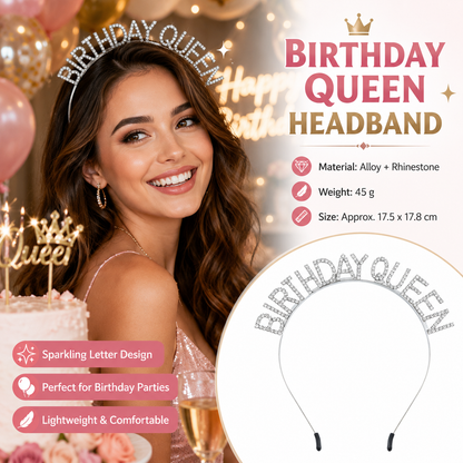 Silvery Birthday queen Rhinestone decorative headband - Alloy Letter Hair Accessory with Sparkling Crystals for Women and Girls, Party Photo Prop and Celebration Gift
