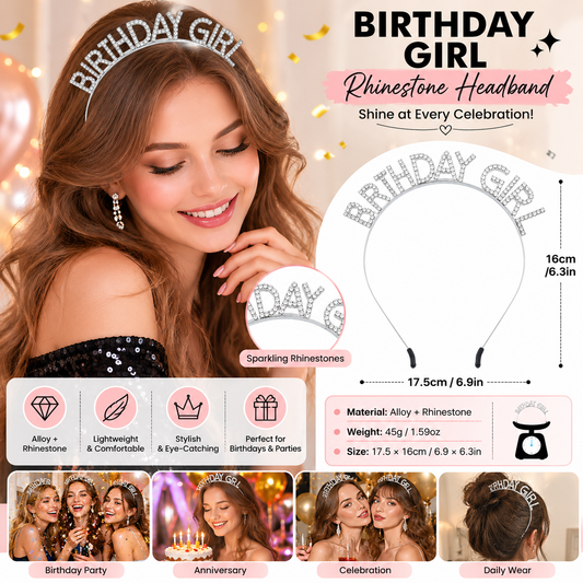 Silvery Birthday Girl Rhinestone decorative headband - Alloy Letter Hair Accessory with Sparkling Crystals for Women and Girls, Party Photo Prop and Celebration Gift
