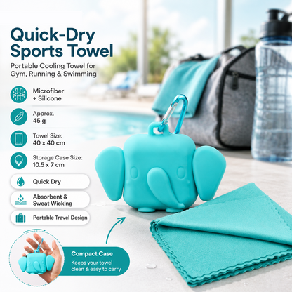 Blue Portable Quick Dry Towel with  Elephant Storage Box  - Microfiber Cooling Sports Sweat Towel with Silicone Case  for Gym Swimming Travel