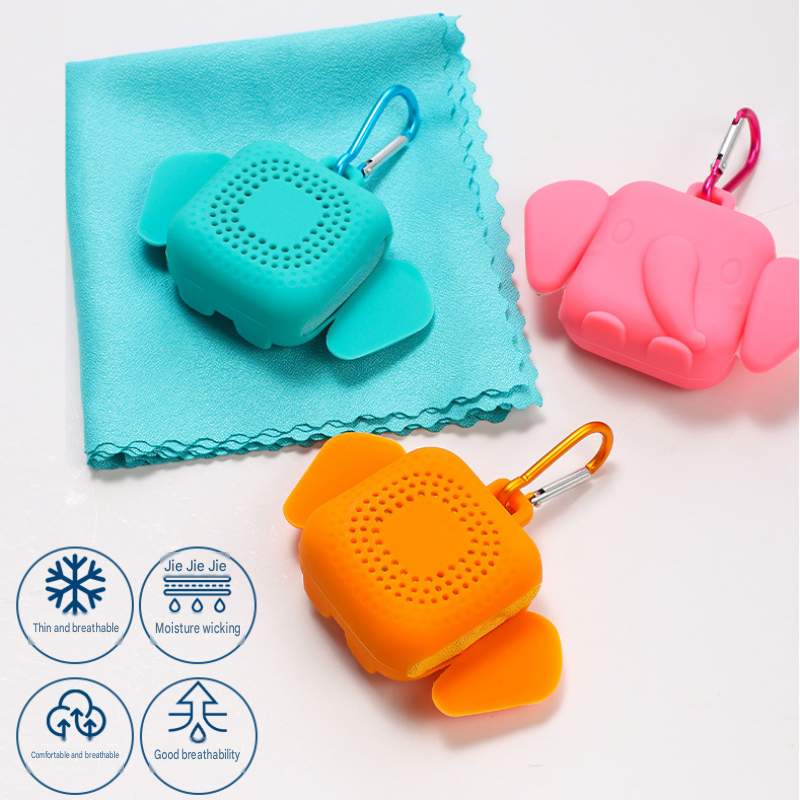 Blue Portable Quick Dry Towel with  Elephant Storage Box  - Microfiber Cooling Sports Sweat Towel with Silicone Case  for Gym Swimming Travel