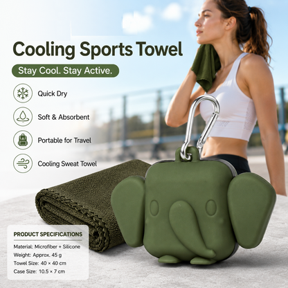 Green Portable Quick Dry Towel with  Elephant Storage Box  - Microfiber Cooling Sports Sweat Towel with Silicone Case  for Gym Swimming Travel