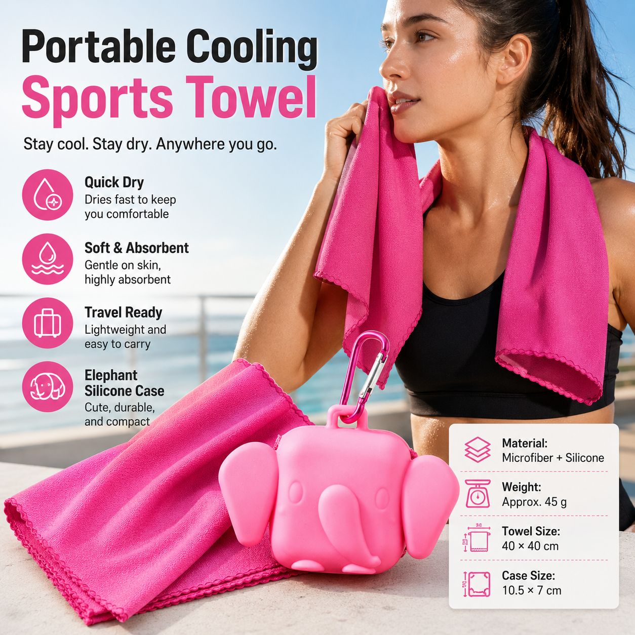 Red Portable Quick Dry Towel with  Elephant Storage Box  - Microfiber Cooling Sports Sweat Towel with Silicone Case  for Gym Swimming Travel