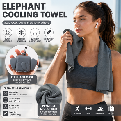 Grey Portable Quick Dry Towel with  Elephant Storage Box  - Microfiber Cooling Sports Sweat Towel with Silicone Case  for Gym Swimming Travel