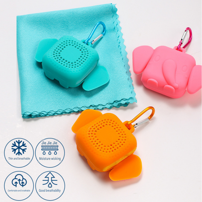 Grey Portable Quick Dry Towel with  Elephant Storage Box  - Microfiber Cooling Sports Sweat Towel with Silicone Case  for Gym Swimming Travel