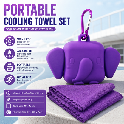 Purple Portable Quick Dry Towel with  Elephant Storage Box  - Microfiber Cooling Sports Sweat Towel with Silicone Case  for Gym Swimming Travel