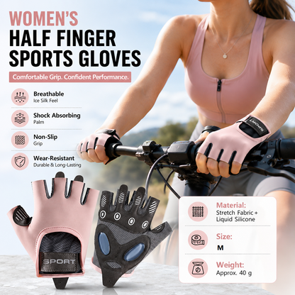 Pink M size Women's Half-Finger Fitness Gloves - Liquid Silicone Shock Absorption, Ice Silk Breathable Fabric, Non-Slip Grip for Gym Yoga Cycling Weight Training