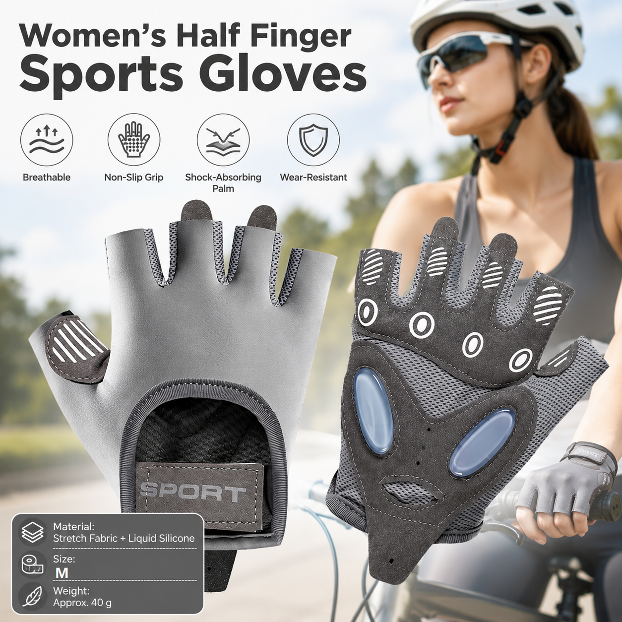 Grey M size Women's Half-Finger Fitness Gloves - Liquid Silicone Shock Absorption, Ice Silk Breathable Fabric, Non-Slip Grip for Gym Yoga Cycling Weight Training