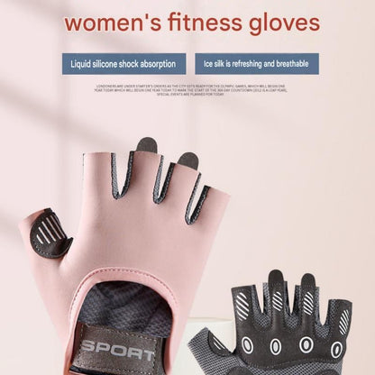 Grey M size Women's Half-Finger Fitness Gloves - Liquid Silicone Shock Absorption, Ice Silk Breathable Fabric, Non-Slip Grip for Gym Yoga Cycling Weight Training