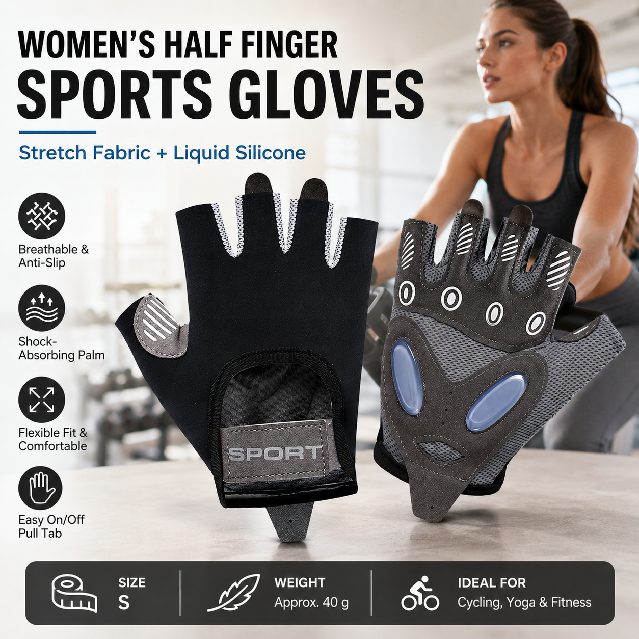 Black S size Women's Half-Finger Fitness Gloves - Liquid Silicone Shock Absorption, Ice Silk Breathable Fabric, Non-Slip Grip for Gym Yoga Cycling Weight Training