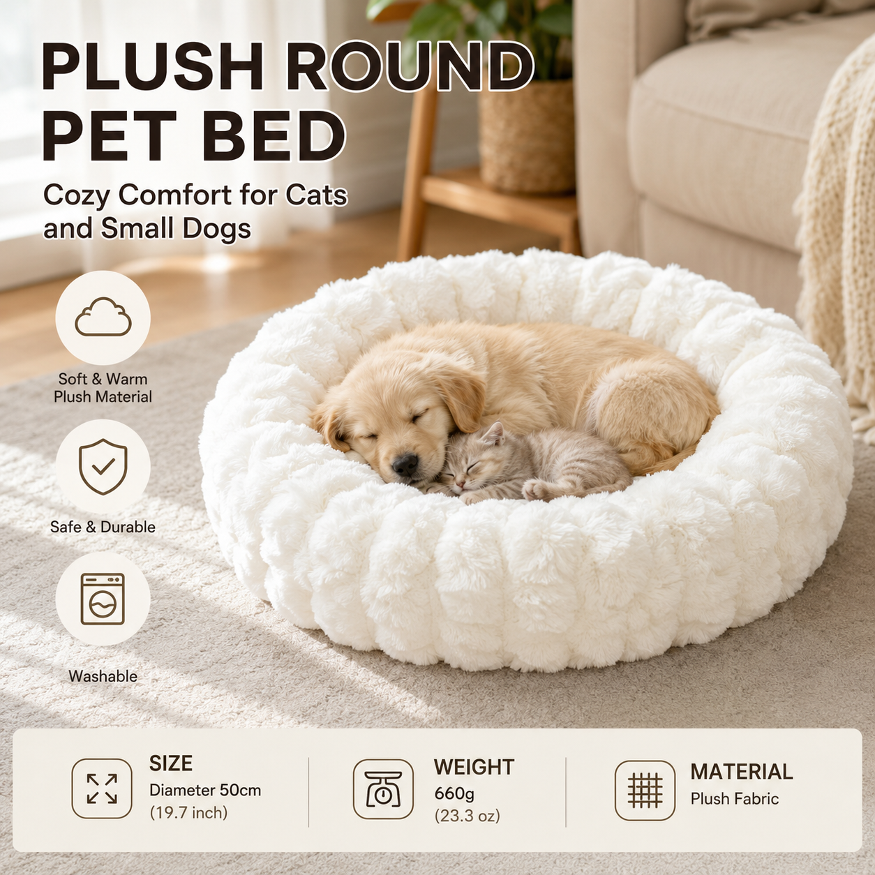 White 50cm with Heart-patterned jacquard Plush Round Pet Bed - Soft Donut Cat Bed, Warm Winter Dog Cushion for Anxiety Relief and Cozy Sleep, Durable Non-Slip Nest for Small to Medium Pets