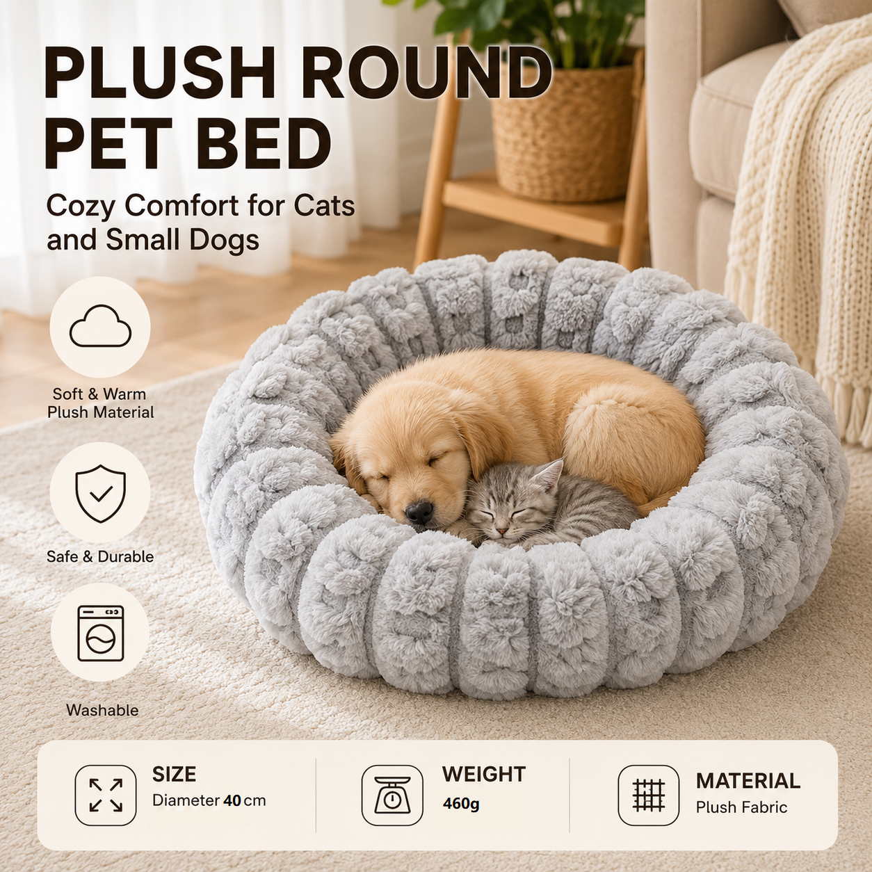 Grey 40cm with Heart-patterned jacquard Plush Round Pet Bed - Soft Donut Cat Bed, Warm Winter Dog Cushion for Anxiety Relief and Cozy Sleep, Durable Non-Slip Nest for Small to Medium Pets
