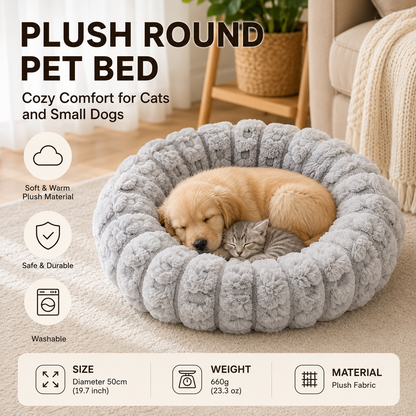 Grey 50cm with Heart-patterned jacquard Plush Round Pet Bed - Soft Donut Cat Bed, Warm Winter Dog Cushion for Anxiety Relief and Cozy Sleep, Durable Non-Slip Nest for Small to Medium Pets