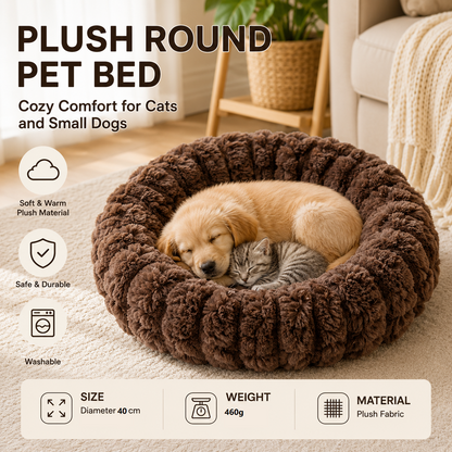 Coffee color 40cm with Heart-patterned jacquard Plush Round Pet Bed - Soft Donut Cat Bed, Warm Winter Dog Cushion for Anxiety Relief and Cozy Sleep, Durable Non-Slip Nest for Small to Medium Pets