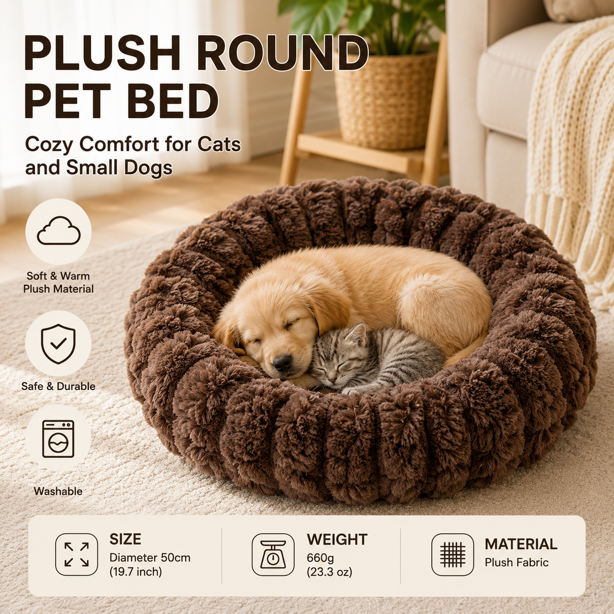 Coffee color 50cm with Heart-patterned jacquard Plush Round Pet Bed - Soft Donut Cat Bed, Warm Winter Dog Cushion for Anxiety Relief and Cozy Sleep, Durable Non-Slip Nest for Small to Medium Pets