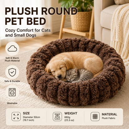 Coffee color 50cm with Heart-patterned jacquard Plush Round Pet Bed - Soft Donut Cat Bed, Warm Winter Dog Cushion for Anxiety Relief and Cozy Sleep, Durable Non-Slip Nest for Small to Medium Pets