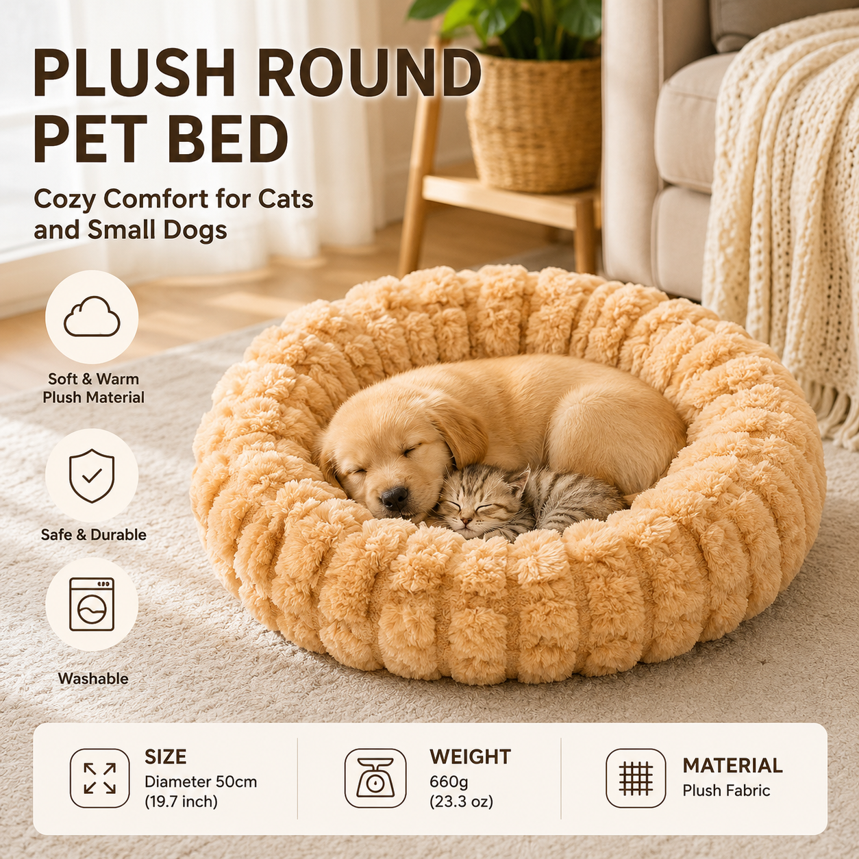 Yellow 50cm with Heart-patterned jacquard Plush Round Pet Bed - Soft Donut Cat Bed, Warm Winter Dog Cushion for Anxiety Relief and Cozy Sleep, Durable Non-Slip Nest for Small to Medium Pets