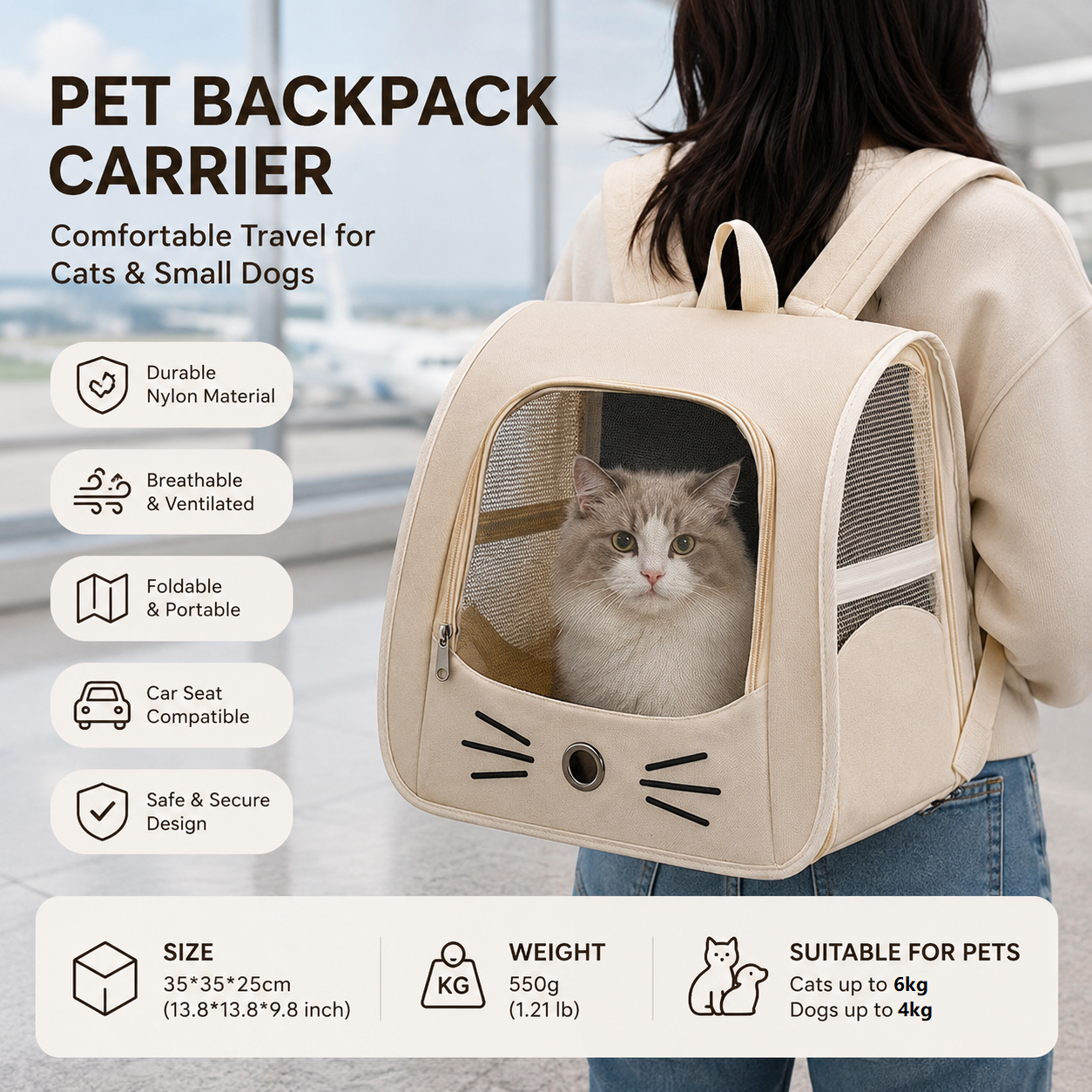 White Breathable Pet Carrier Backpack - Nylon Cat Travel Bag with Large Clear Window, 3-in-1 Carry Design for Cats Under 6kg and Small Dogs