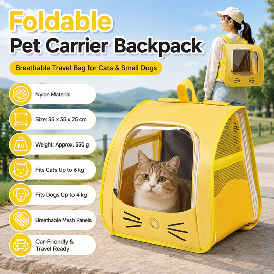 Yellow Breathable Pet Carrier Backpack - Nylon Cat Travel Bag with Large Clear Window, 3-in-1 Carry Design for Cats Under 6kg and Small Dogs